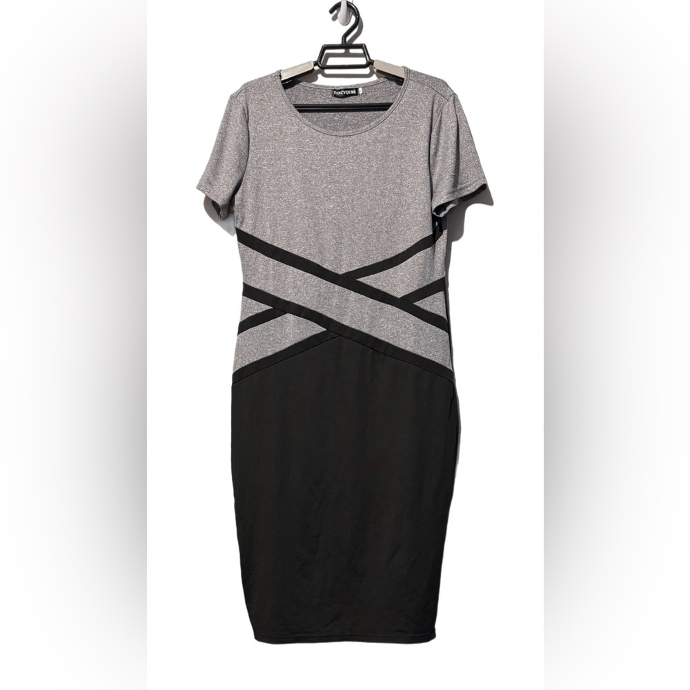 Fancyqube (H) Women’s Contrast Color Bodycon Dress Sz L Gray Blk Pullover EUC